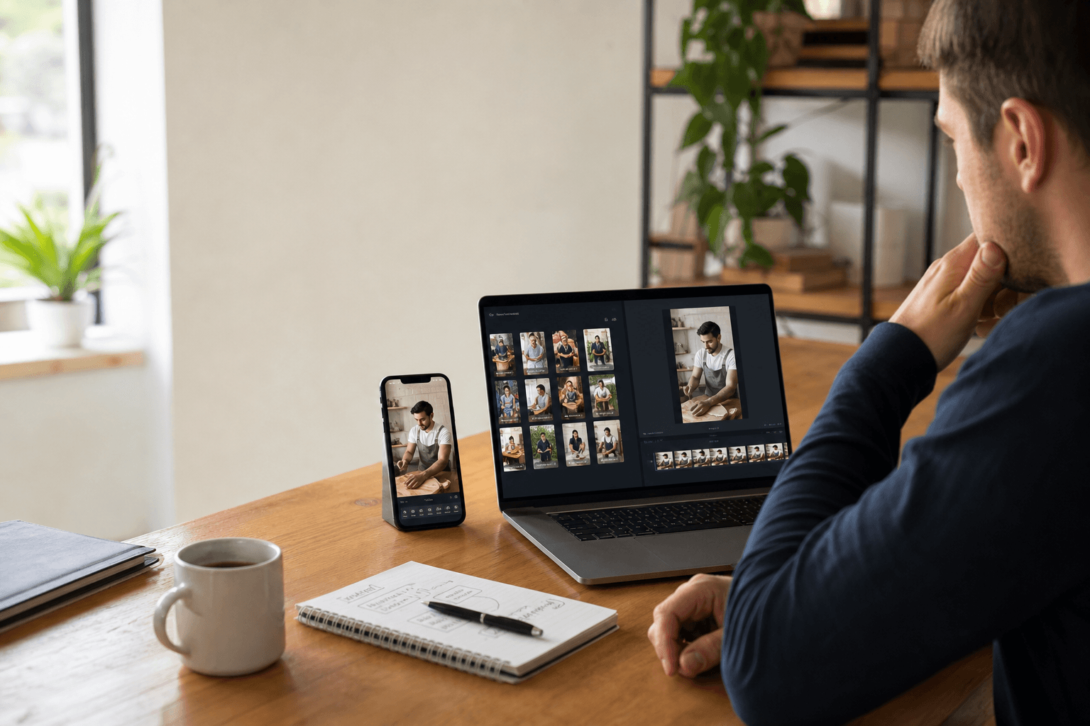 Business owner reviewing a vertical video campaign on a laptop and phone